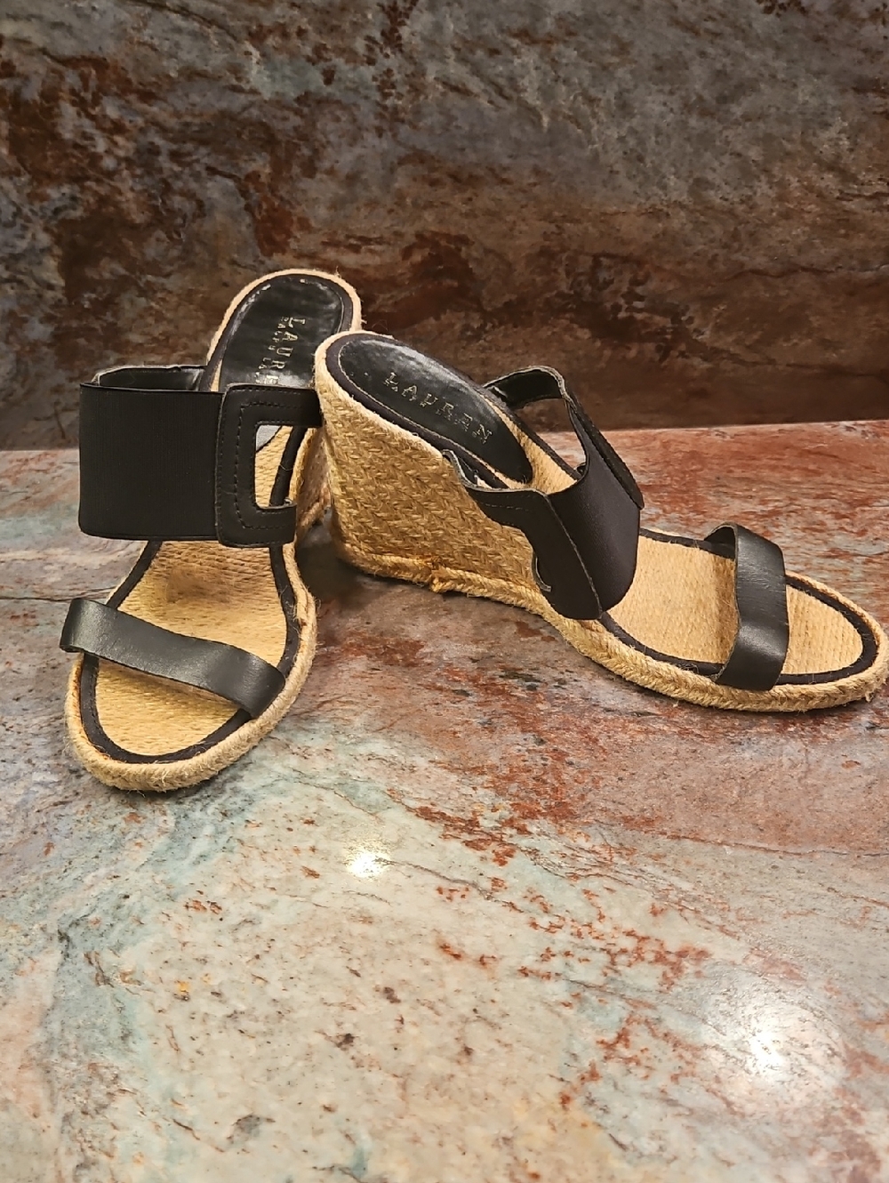 Lauren Ralph Lauren Black Leather Raffia Wedge Sandals